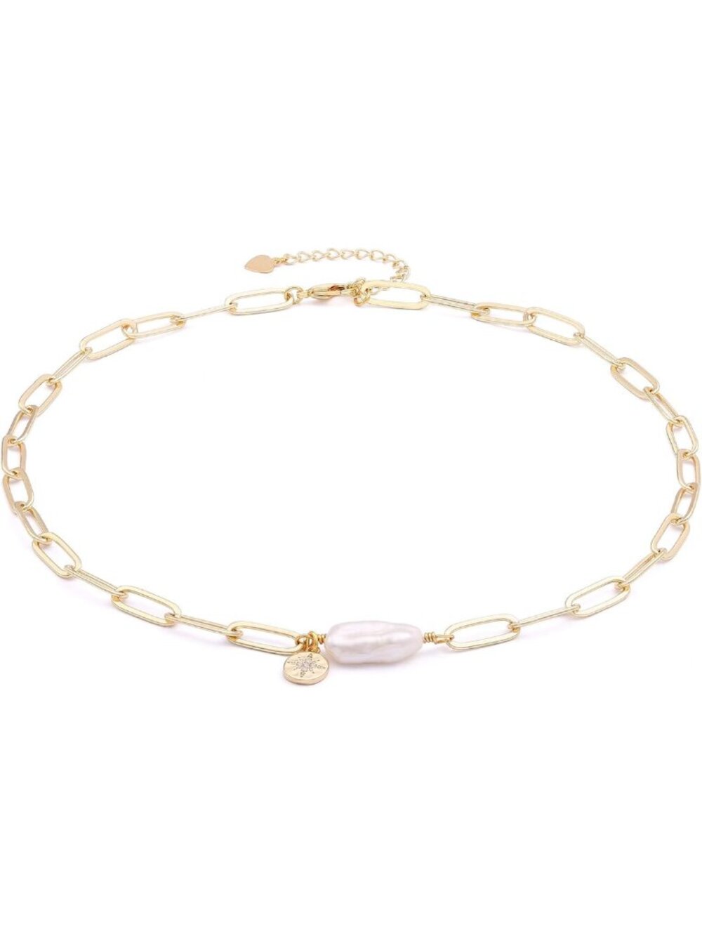 Dainty 18K Gold Plated Paperclip Choker with Freshwater Biwa Pearl & Turquoise